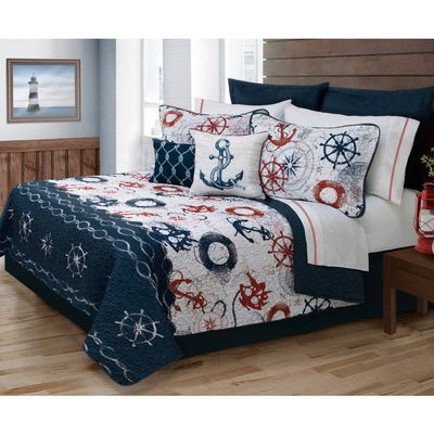 Fast Furnishings Twin Size Modern Coastal Anchor Polyester Reversible Quilt Set