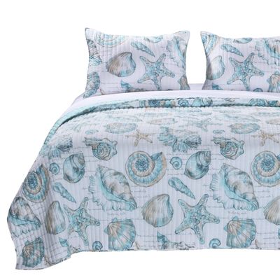 King Size Coastal Seashells 3 Piece White Teal Polyester Reversible Quilt Set