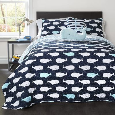 Fast Furnishings Full/Queen 5 Piece Bed in A Bag Navy Teal Microfiber Waves Whales Quilt Set
