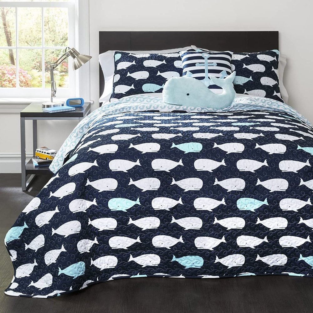 Fast Furnishings Full/Queen 5 Piece Bed in A Bag Navy Teal Microfiber Waves Whales Quilt Set