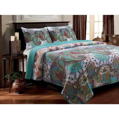 Fast Furnishings Full / Queen Teal Paisley 3-Piece Quilt Set in 100-Percent Cotton