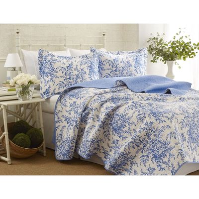 Fast Furnishings King Size 100-Percent Cotton Quilt Bedspread Set with Blue White Floral Leaves Pattern