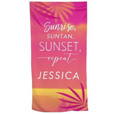 GiftsForYouNow Sunrise, Suntan, Sunset, Repeat Personalized Beach Towel, 30" x 60", Microfiber Polyester Terry Fabric