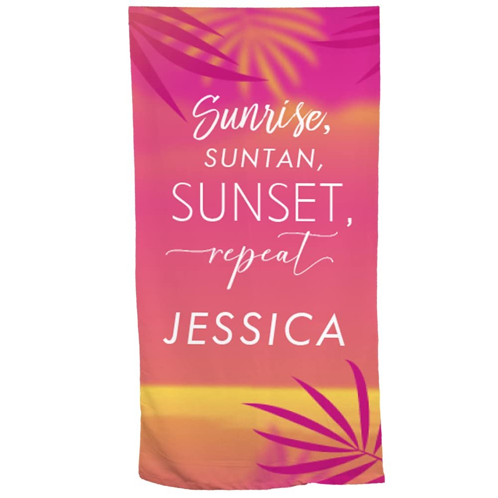 GiftsForYouNow Sunrise, Suntan, Sunset, Repeat Personalized Beach Towel, 30" x 60", Microfiber Polyester Terry Fabric