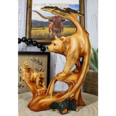 1 Pcs Rustic Faux Wood Forest Scene Bear With Cub Hunting Figurine 9" Height