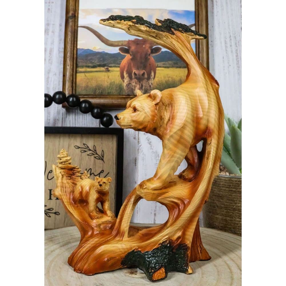 1 Pcs Rustic Faux Wood Forest Scene Bear With Cub Hunting Figurine 9" Height