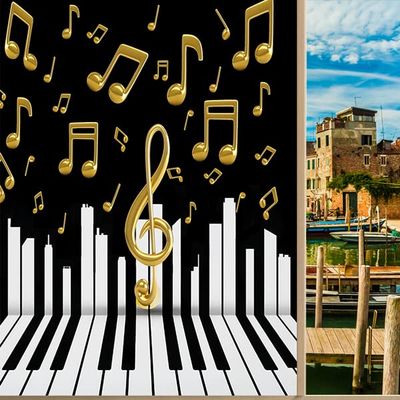 Abstract Music Window Film Black White Piano Keyboard Gold Symbols Music Themestained Glass Window Film,Playroom Window Film,Nursery Window Film 23.6Wx78.7L-Inch X1Pcs