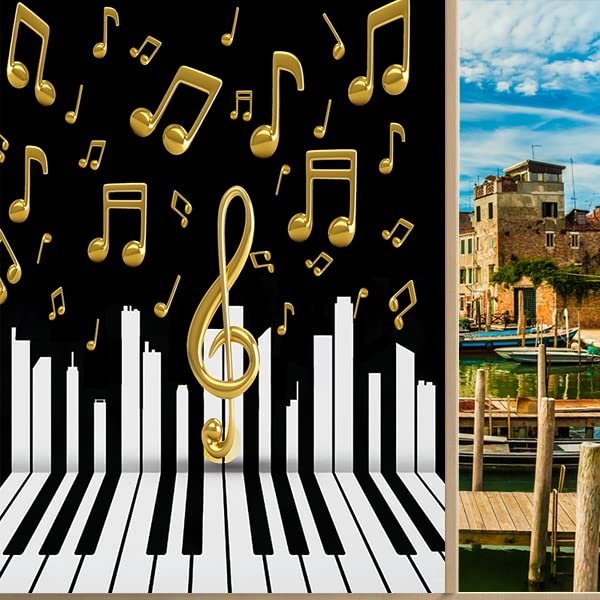 Abstract Music Window Film Black White Piano Keyboard Gold Symbols Music Themestained Glass Window Film,Playroom Window Film,Nursery Window Film 23.6Wx78.7L-Inch X1Pcs