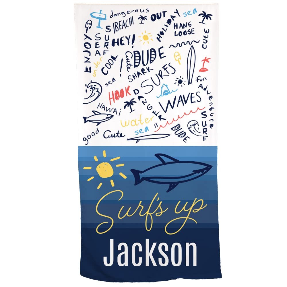 GiftsForYouNow Surf's Up Personalized Beach Towel, 30" x 60", Microfiber Polyester Terry Fabric