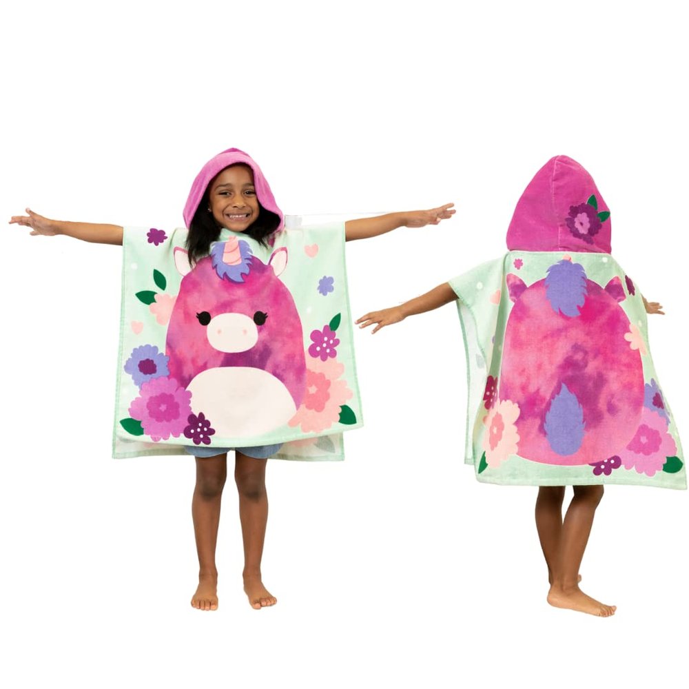 Squishmallows Kids Beach/Pool/Bath/Camping Hooded Towel Poncho 24" X 22", Absorbent Cotton Cover up, (Official Licensed Squishmallows Product) By Franco
