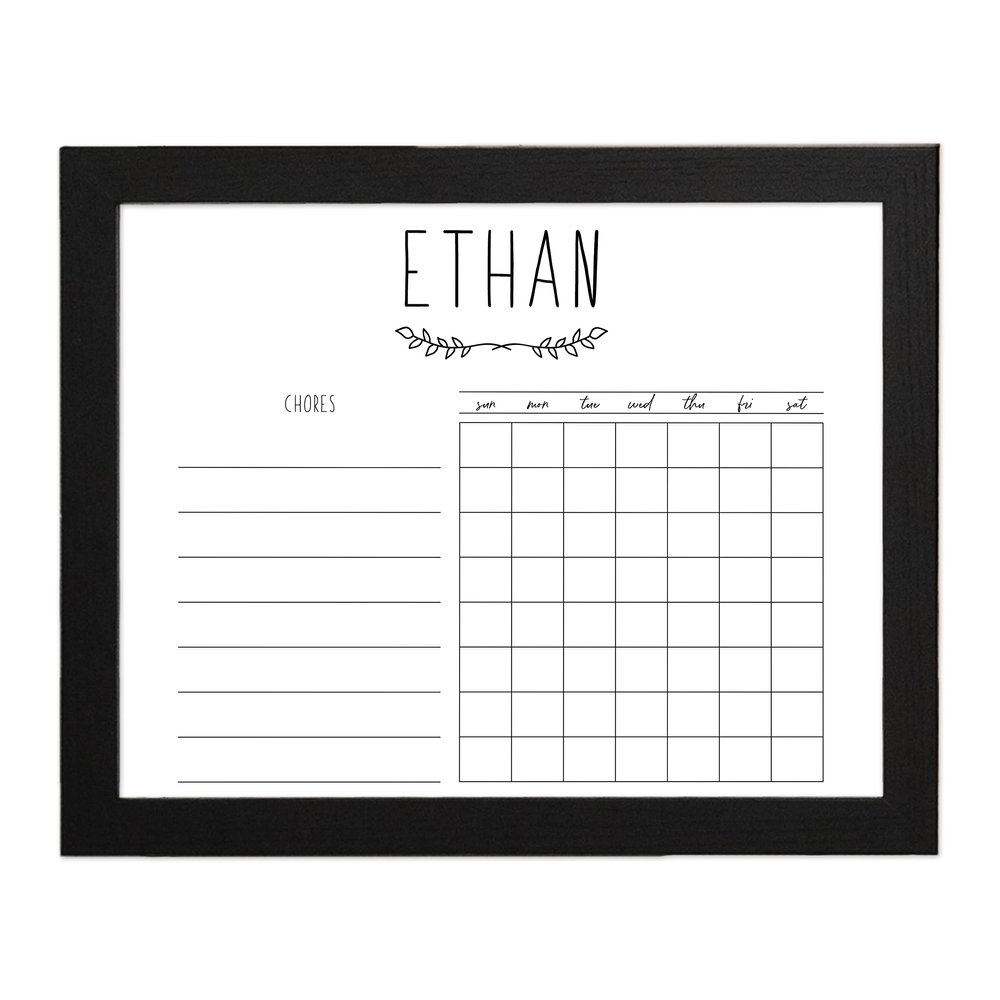 Horizontal Personalized Chore Chart For Kids Dry Erase 11x14 Framed (Black Frame, Without Rose)