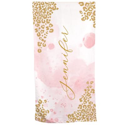 GiftsForYouNow Pink Watercolor with Leopard Print Personalized Beach Towel, 30" x 60", Microfiber Polyester Terry Fabric