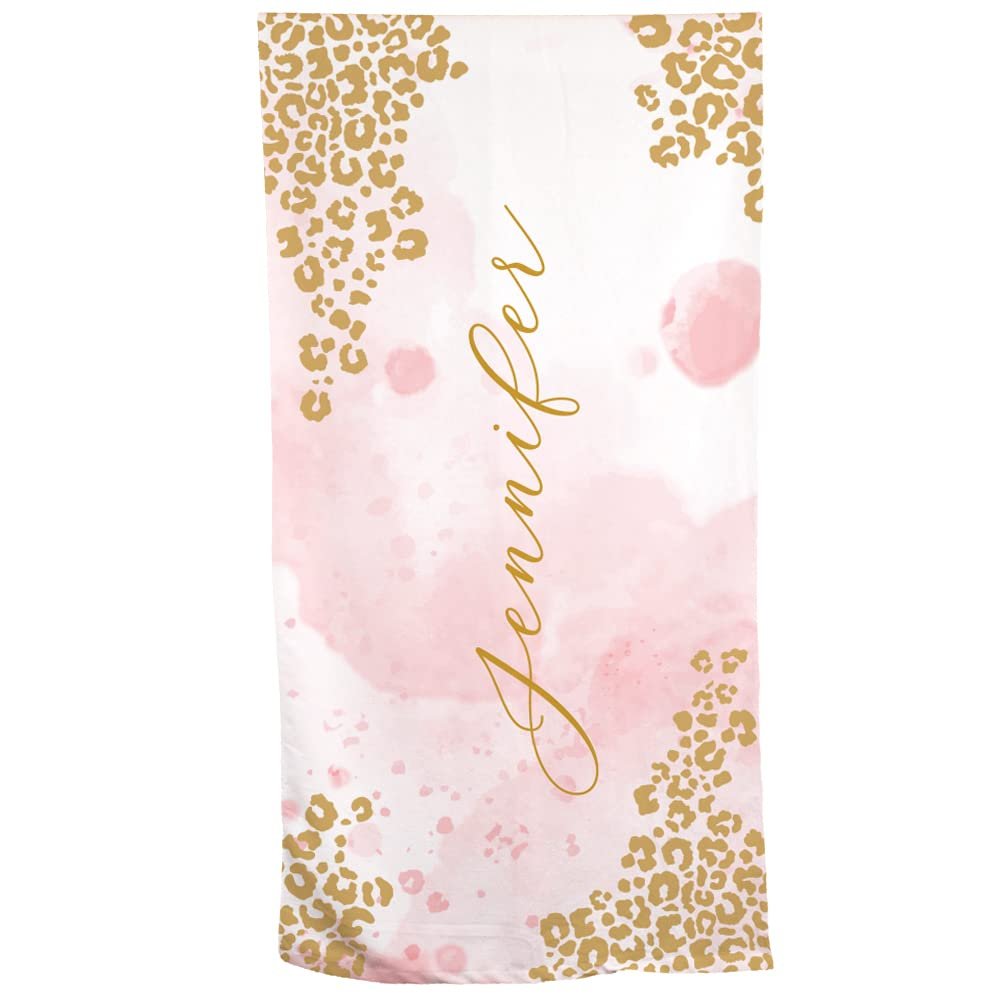 GiftsForYouNow Pink Watercolor with Leopard Print Personalized Beach Towel, 30" x 60", Microfiber Polyester Terry Fabric