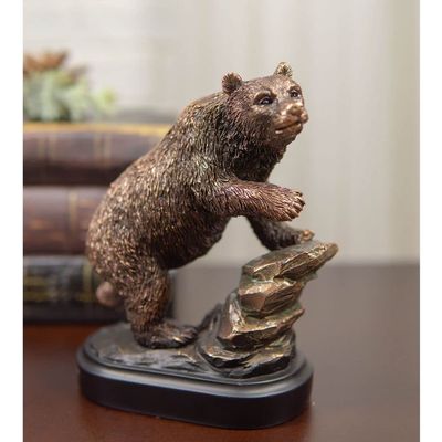 1 Pcs Bear Climbing On River Rock Statue 6.25" Tall Bronze Electroplated Resin