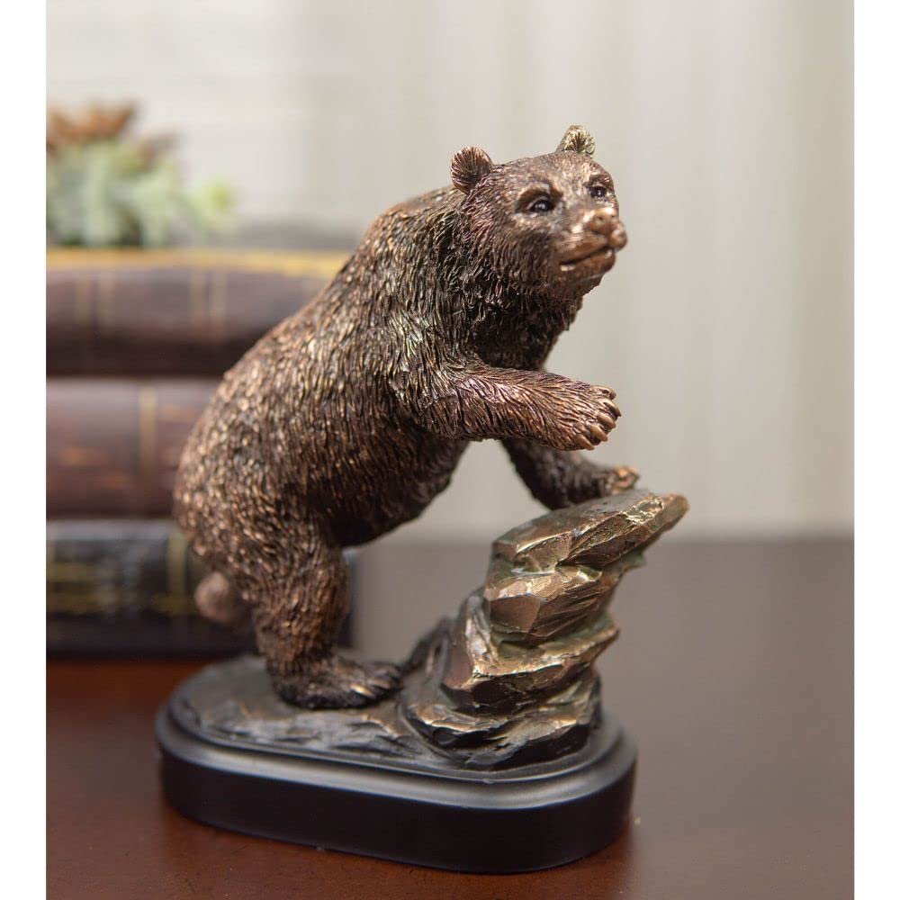 1 Pcs Bear Climbing On River Rock Statue 6.25" Tall Bronze Electroplated Resin