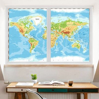 Abstract Nature Window Film Map of The World Print Modern Map Themestained Glass Window Film,Playroom Window Film,Nursery Window Film 23.6Wx47.2L-Inch X2Pcs