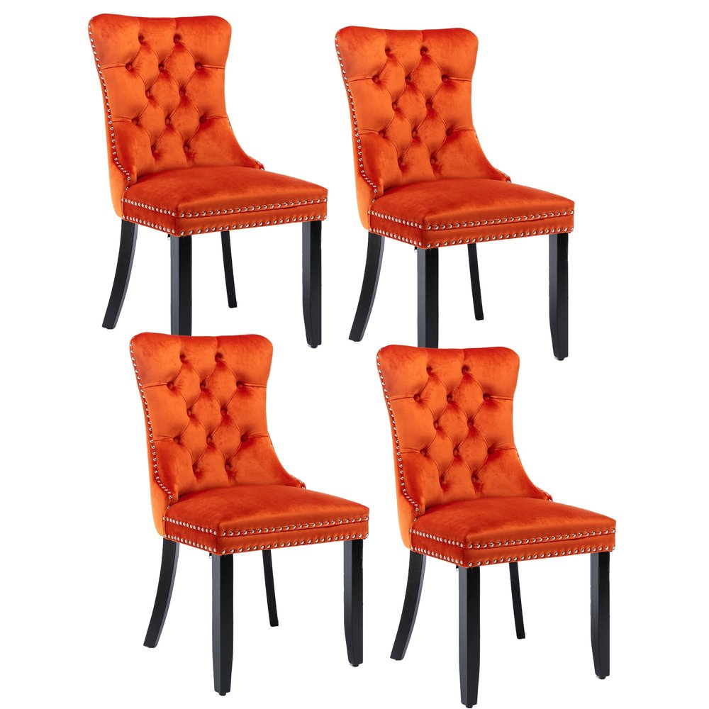 Rhomtree Set of 4 Velvet Fabric Dining Chairs Luxury Tufted Back with Nailed Trim and Back Ring Pull Home Kitchen Dining Room Chairs Armless Side Chairs Solid Rubber Wood Legs (Orange)