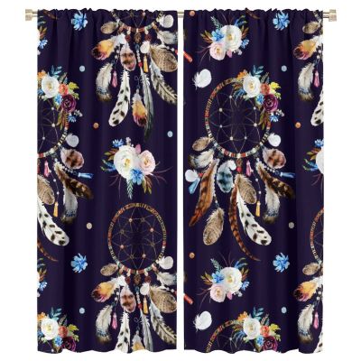 Boho Hippie Dream Catcher Rod Pocket Blackout Curtains - Rustic Native American Tribe Dreamcatcher Feathers Floral Print Window Curtains Energy Saving Insulated Drapes 2 Panels 54L x 21W