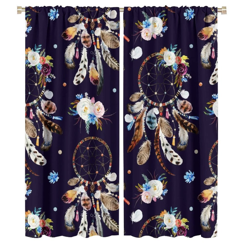 Boho Hippie Dream Catcher Rod Pocket Blackout Curtains - Rustic Native American Tribe Dreamcatcher Feathers Floral Print Window Curtains Energy Saving Insulated Drapes 2 Panels 54L x 21W