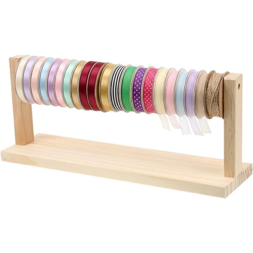 Kisangel 1Pc Wooden Ribbon Organizer, Wire Spool Thread Rack for Wrapping Yarn Ribbon Storage Holder Making Craft Supplies