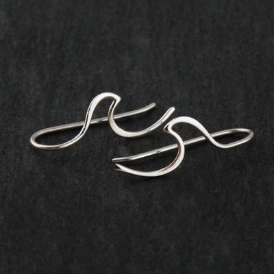 Ocean Wave Ear Climber Earrings - Sterling Silver Beach Lover Water Gift New