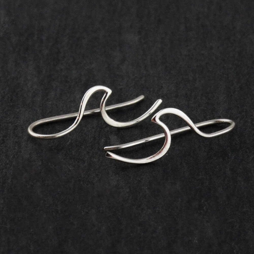 Ocean Wave Ear Climber Earrings - Sterling Silver Beach Lover Water Gift New