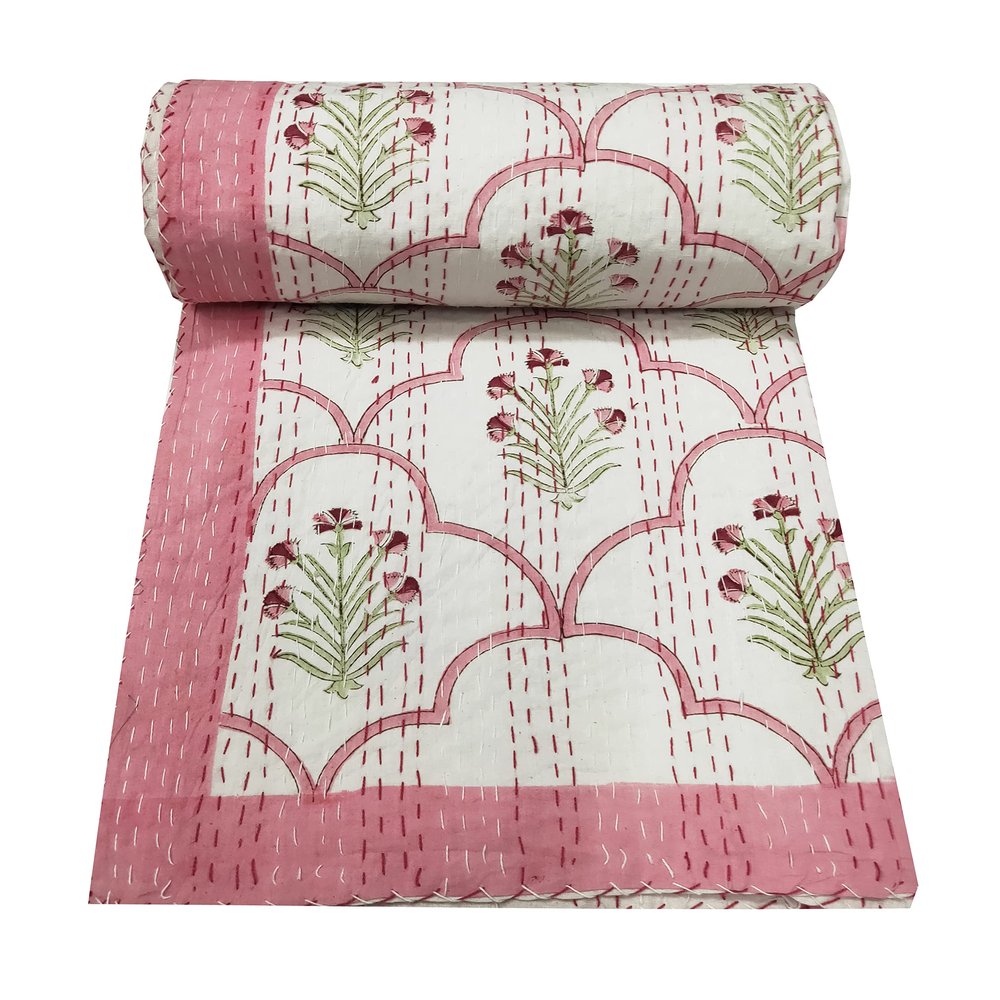 SHIRANYA Indian Traditional Kantha Quilt Vintage Handmade Blanket Beautiful Hand Block Printed Kantha Throw Hippie Made Kantha Rally Queen Size