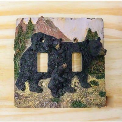 Set Of 2 Rustic Western Bear And Cubs Double Toggle Light Switch Plate Cover