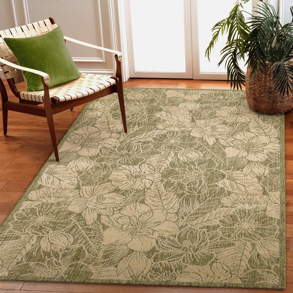 Liora Manne Carmel Indoor/Outdoor Power Loomed Synthetic Blend Low Profile Area Rug - Transitional Botanical Floral Decorative (Botanical Green) (3'3" x 4'11")