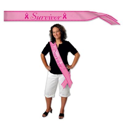 Beistle Survivor Satin Sashes 2 Pack Pink Awareness Sash with Breast Cancer Ribbon Design for Fundraisers Walk Events, Remission Pride, Awareness and Support Celebrations, Adult Size 4" x 33"