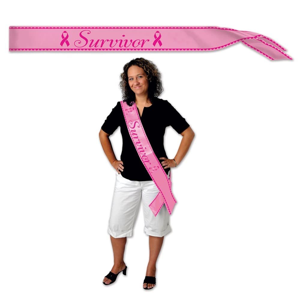 Beistle Survivor Satin Sashes 2 Pack Pink Awareness Sash with Breast Cancer Ribbon Design for Fundraisers Walk Events, Remission Pride, Awareness and Support Celebrations, Adult Size 4" x 33"