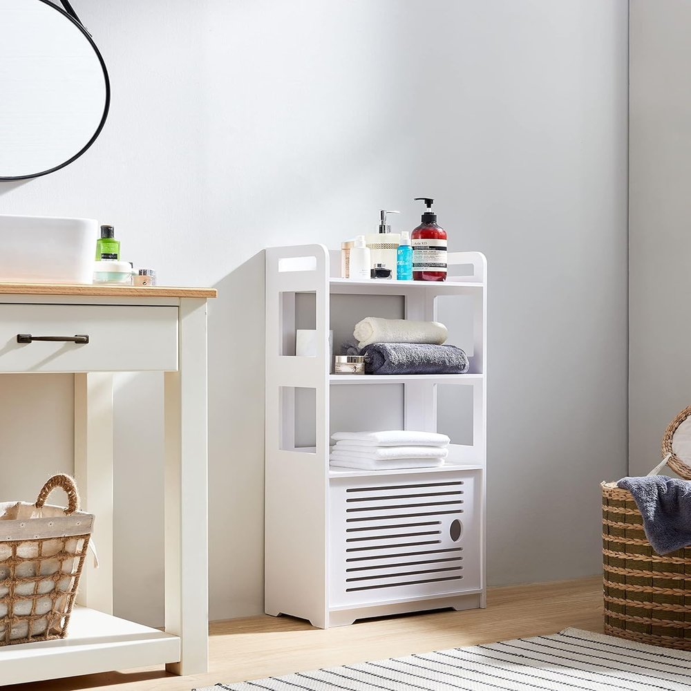 KB Designs - Freestanding Bathroom Floor Storage Organizer Cabinet with Doors and Shelves, White