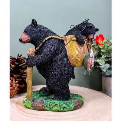 1 Pcs Of "Gone Fishing" Mother Black Bear With Cub In Fishing Backpack Statue Wildlife