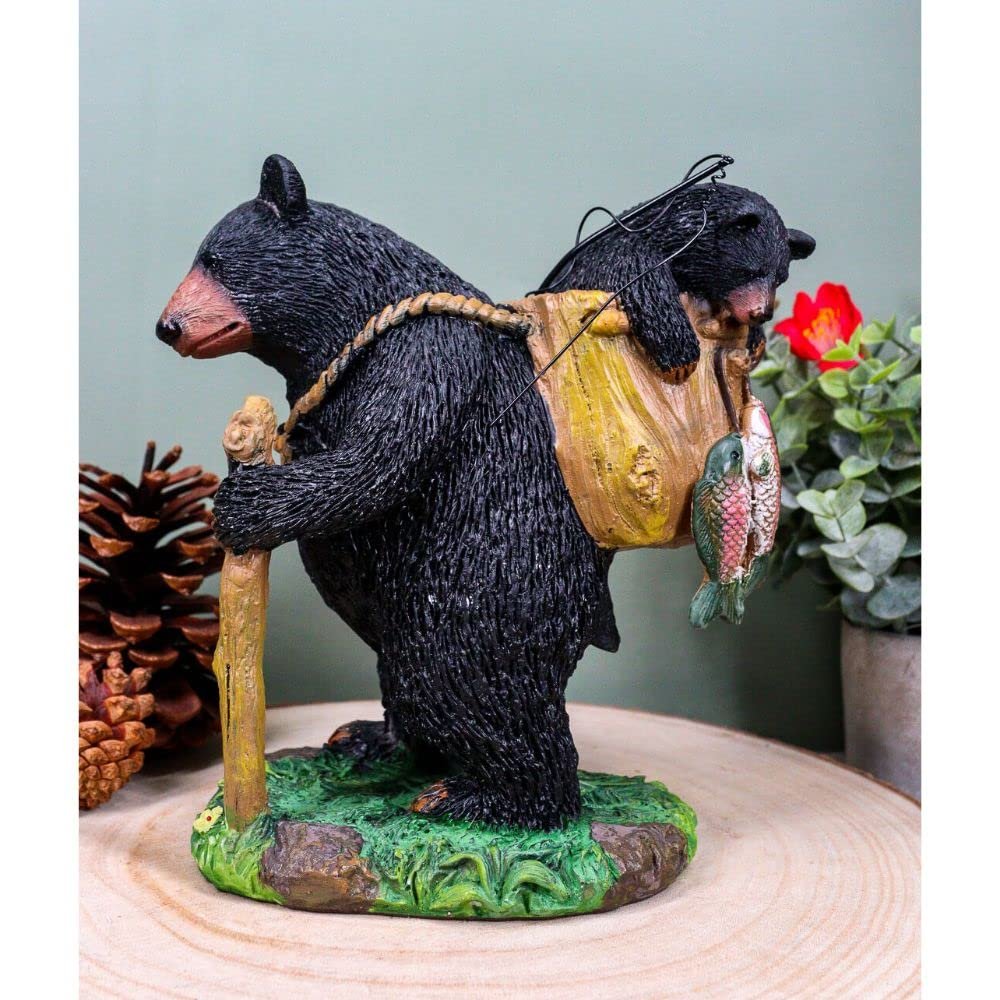 1 Pcs Of "Gone Fishing" Mother Black Bear With Cub In Fishing Backpack Statue Wildlife