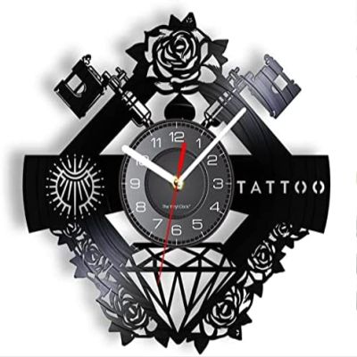 Vinyl Record Wall Clocks 30cm Vinyl Record Wall Clock Tattoo Shop Tattoo Machine Wall Decor Men's Gift