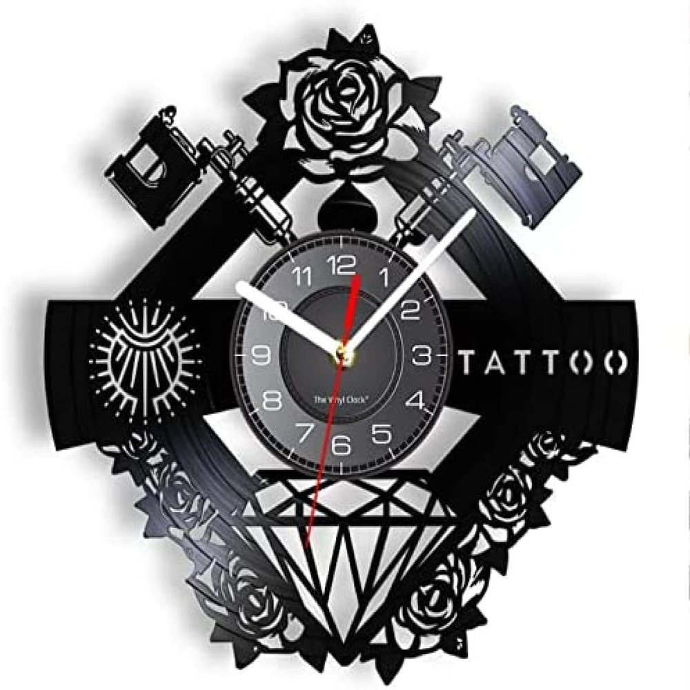 Vinyl Record Wall Clocks 30cm Vinyl Record Wall Clock Tattoo Shop Tattoo Machine Wall Decor Men's Gift