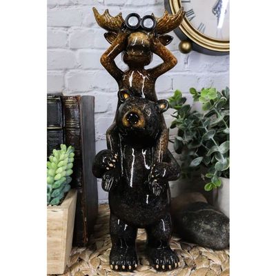 1 Pcs Bull Moose Elk Sitting On Black Bear Shoulders With Binoculars Figurine