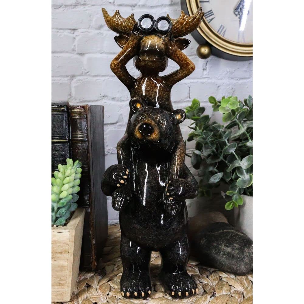 1 Pcs Bull Moose Elk Sitting On Black Bear Shoulders With Binoculars Figurine