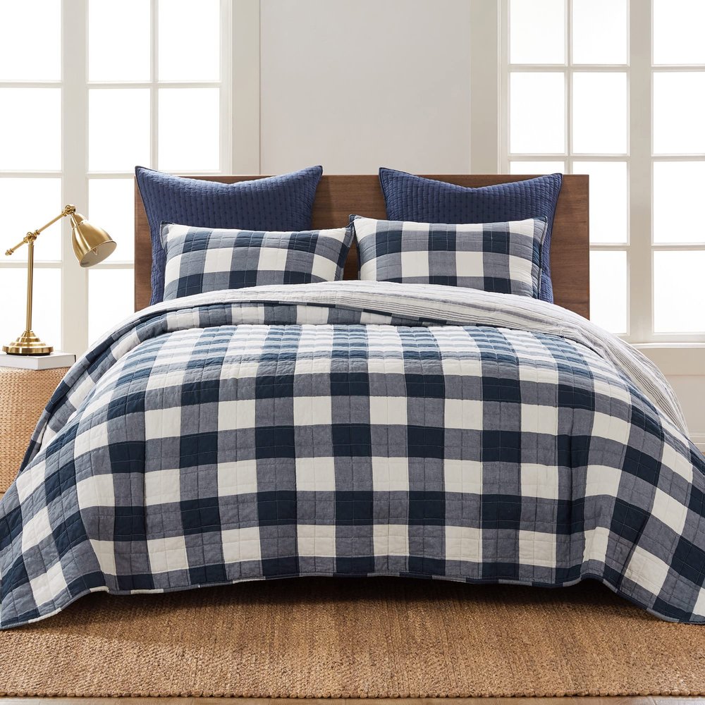 Levtex Home - Camden Bedspread Set - King Bedspread (120 x 118 in.) + Two King Pillow Shams (36 x 20 in.) - Buffalo Check in Navy and Cream - Reversible Pattern - Cotton