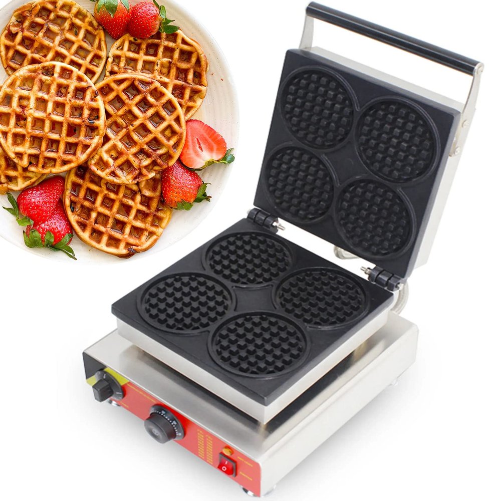 Belgian Waffle Maker Commercial 4 Round Waffles Iron with Cool Touch Handle Non-Stick Coating for Bakeries Restaurant Snack Bars,1500W,110V