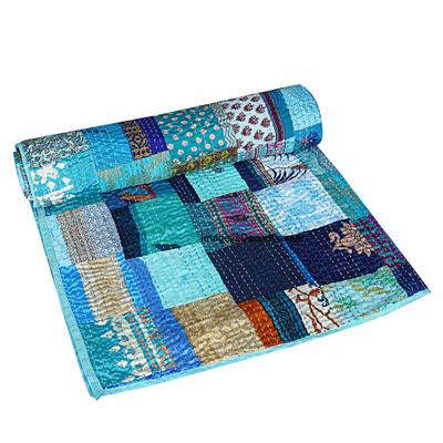 DecorAvenue Patchwork Kantha Quilt,Throw, Handmade Silk Bed Cover,Bedding Bedspread,Vintage Hand Stitch Gudri, Decorative Beach Blanket (Blue, Queen 90" x 108")