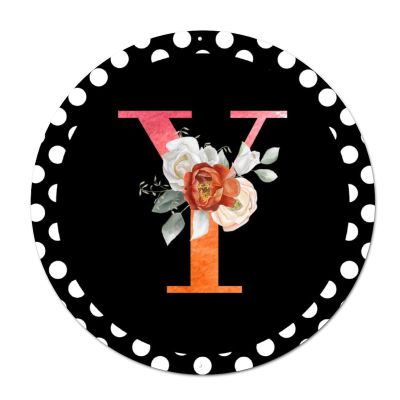 Bomehhjuli Welcome Sign Front Decor Monogram Initial Y Wreath Round Tin Sign Alphabet Orange Floral Polka Dot Metal Wall Decor Spring Floral 9.2in Retro Metal Plaque for Home Kitchen Garden Man Cave