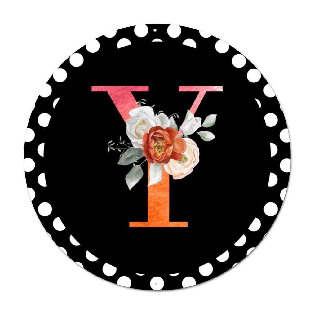 Bomehhjuli Welcome Sign Front Decor Monogram Initial Y Wreath Round Tin Sign Alphabet Orange Floral Polka Dot Metal Wall Decor Spring Floral 9.2in Retro Metal Plaque for Home Kitchen Garden Man Cave