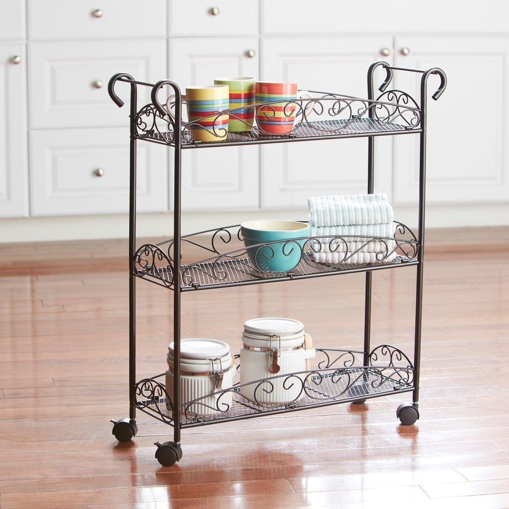 BrylaneHome 3-Tier Scroll Rolling Cart - Black