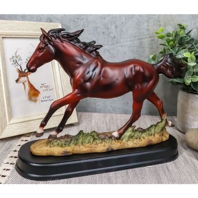 1 Pcs Equestrian Dark Brown Horse Galloping On Wild Pasture Statue With Base 9.25" Long