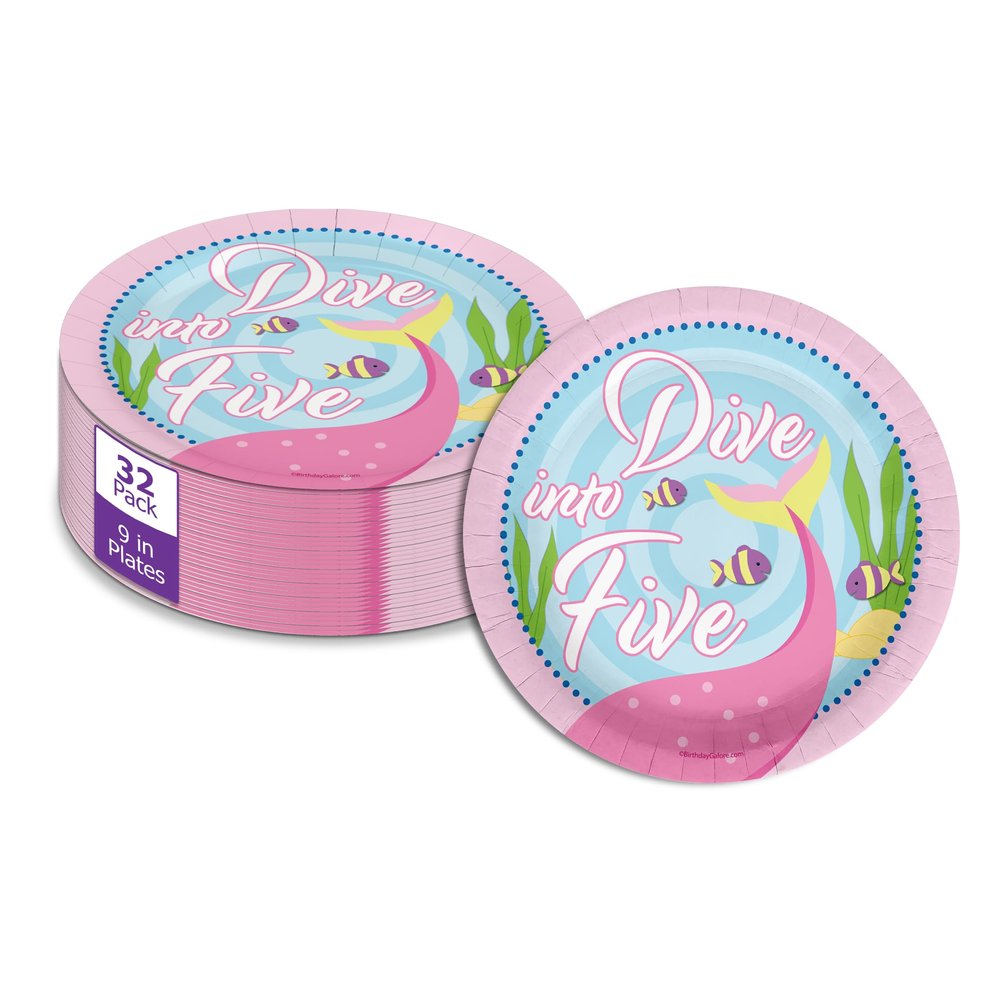 Dive into Five Mermaid Fifth Birthday - 32 Piece Disposable Party Supplies - Decorations for Girl's 5th Birthday Round Party Plates - Large 9" Paper Plates In Bulk