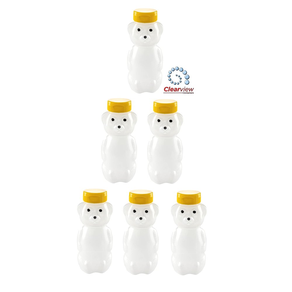 CLEARVIEW CONTAINERS - 6 Pack of 12 Ounce Translucent Honey Bears with Sealable Yellow Flip Top Lids (12 oz. Translucent Bear, 6pk, Yellow)