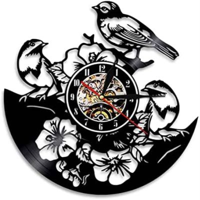 Vinyl Record Wall Clock 30Cm Tropical Peel and Stick Wall Art Decor Three Birds Flower Artwork Hanging Clock Retro Vinyl Record Modern Design Watches