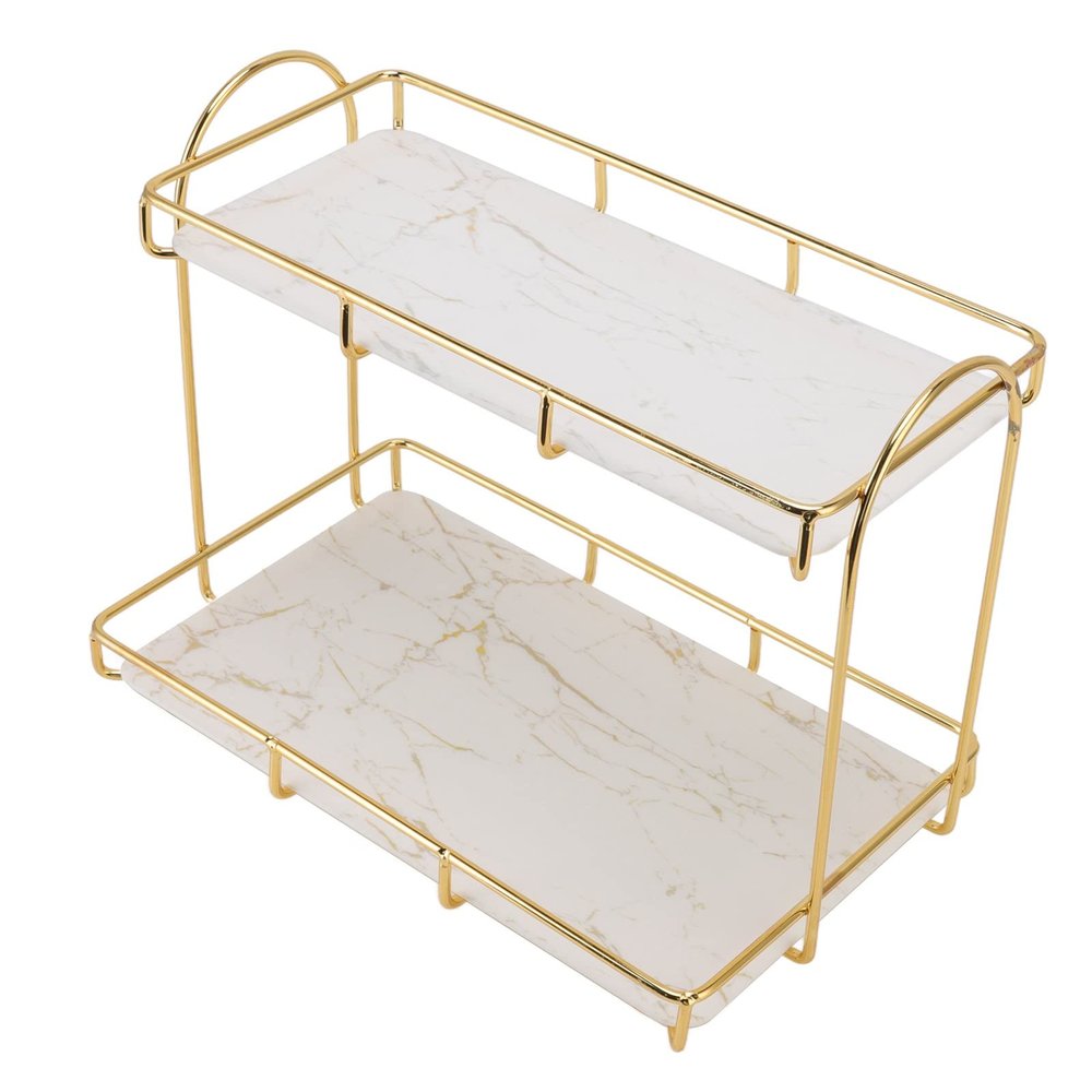 2 Tier Cosmetic Storage Shelf, Bathroom Countertop Rack, Large Capacity Gold Metal Organizer for Bathroom, Kitchen, Bedroom, Makeup, Jewelry, and Home Storage Solutions