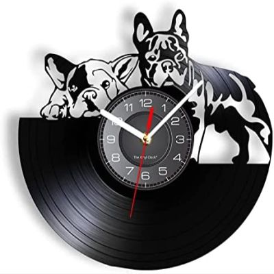 12 Inch Wall Clock Silent Non Ticking French Bulldog Vinyl Record Wall Clock Modern Design Puppy Dog Pet Album Music Record Artwork Animal Lovers Home